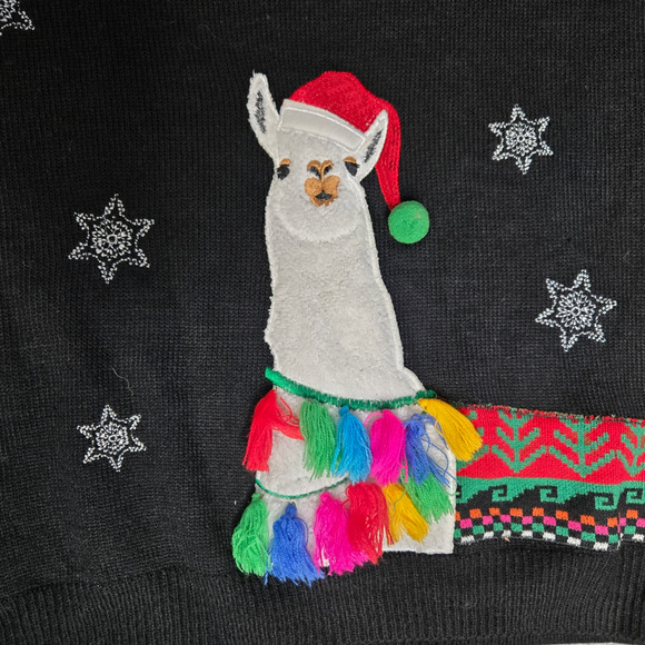 Black Llama Colorful Tassel Snowflake Fair Isle Winter Knitted Sweater Size XL - Picture 3 of 7